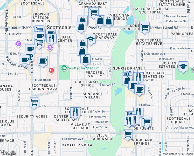 map of restaurants, bars, coffee shops, grocery stores, and more near 7720 East Osborn Road in Scottsdale
