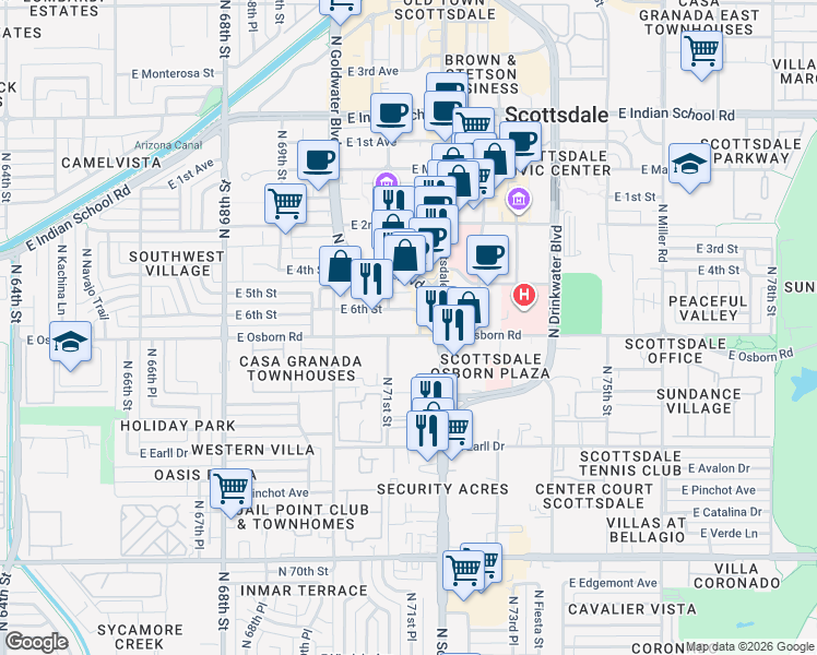 map of restaurants, bars, coffee shops, grocery stores, and more near 3380 North Scottsdale Road in Scottsdale