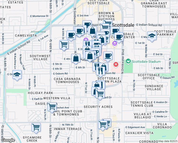 map of restaurants, bars, coffee shops, grocery stores, and more near in Scottsdale