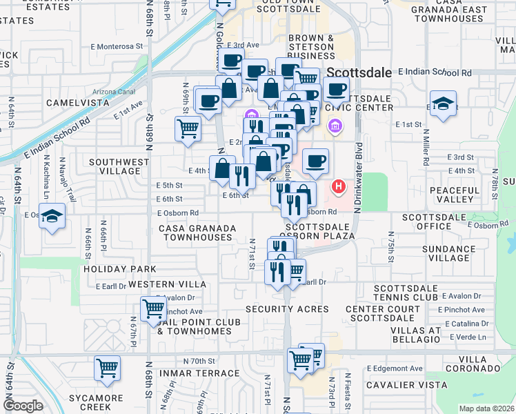 map of restaurants, bars, coffee shops, grocery stores, and more near in Scottsdale