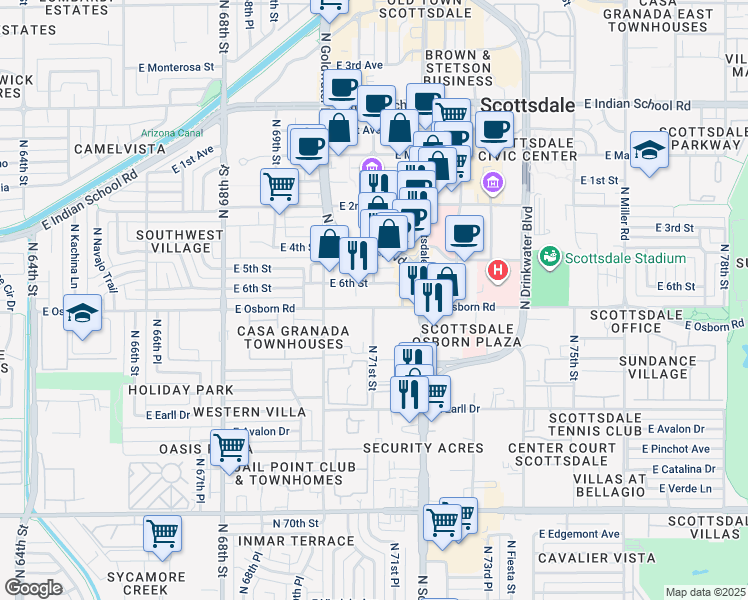 map of restaurants, bars, coffee shops, grocery stores, and more near in Scottsdale