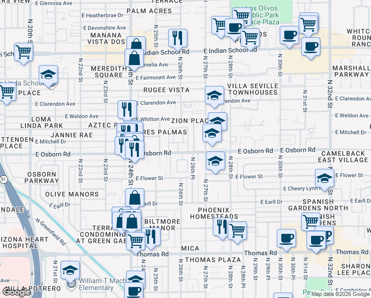 map of restaurants, bars, coffee shops, grocery stores, and more near 2601 East Beekman Place in Phoenix