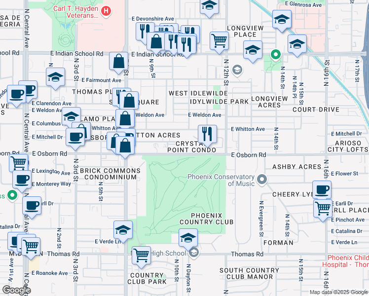 map of restaurants, bars, coffee shops, grocery stores, and more near 937 East Osborn Road in Phoenix