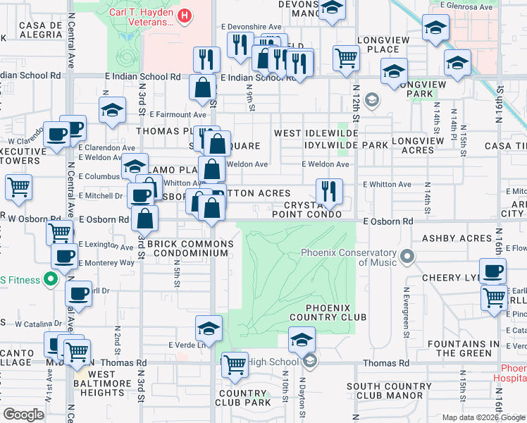 map of restaurants, bars, coffee shops, grocery stores, and more near 914 East Osborn Road in Phoenix