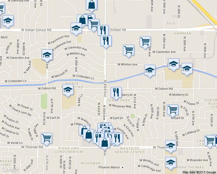 map of restaurants, bars, coffee shops, grocery stores, and more near 4225 West Osborn Road in Phoenix