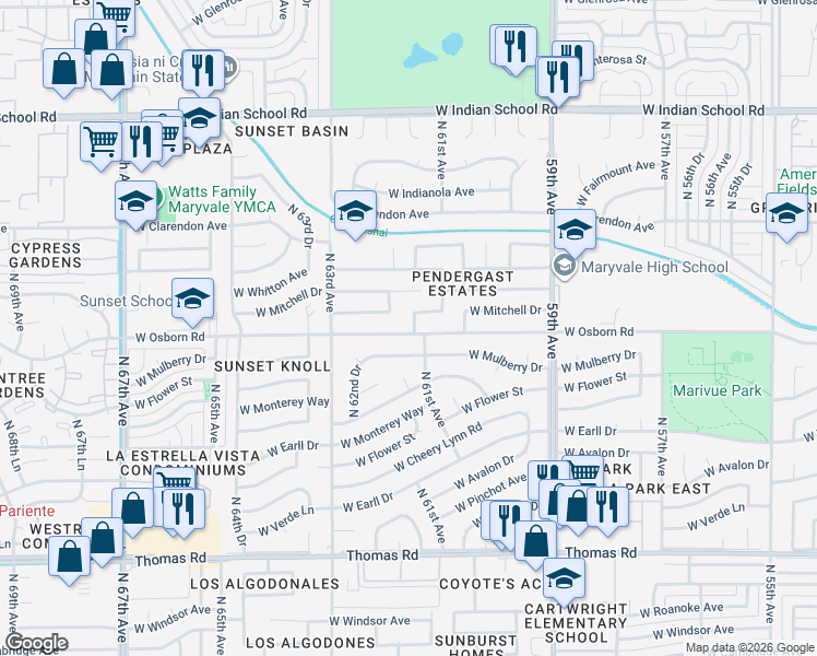 map of restaurants, bars, coffee shops, grocery stores, and more near 6123 West Osborn Road in Phoenix