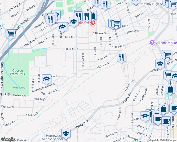 map of restaurants, bars, coffee shops, grocery stores, and more near 1207 18th Avenue South in Birmingham