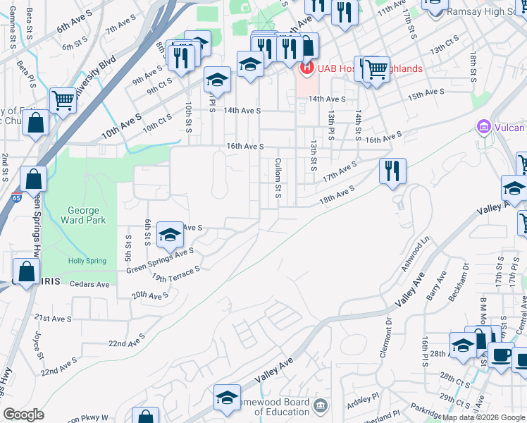map of restaurants, bars, coffee shops, grocery stores, and more near 1116 Green Springs Avenue South in Birmingham
