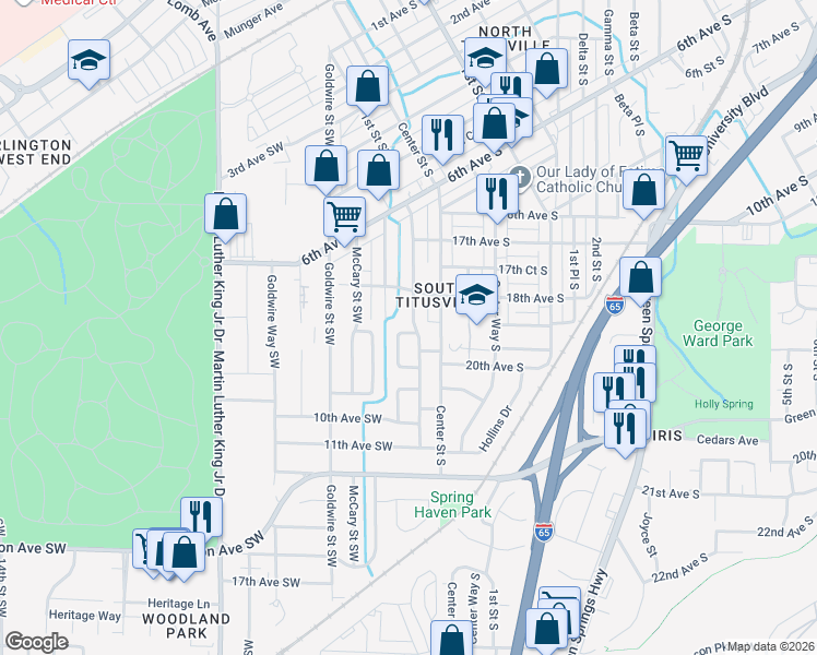 map of restaurants, bars, coffee shops, grocery stores, and more near 838 Center Place Southwest in Birmingham