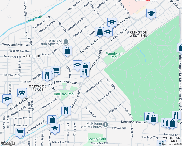 map of restaurants, bars, coffee shops, grocery stores, and more near 1488 Pearson Avenue Southwest in Birmingham