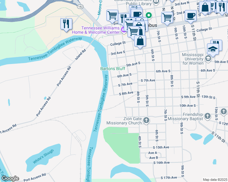 map of restaurants, bars, coffee shops, grocery stores, and more near S 8th Ave in Columbus