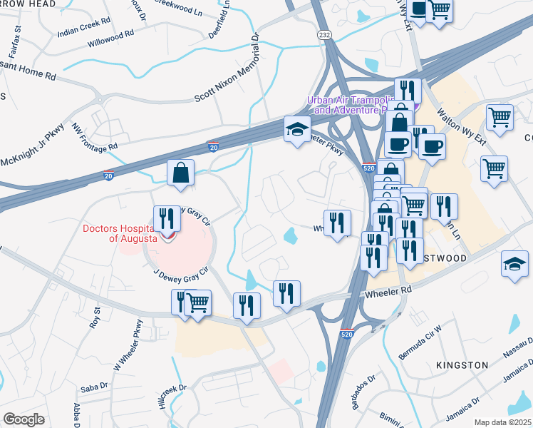 map of restaurants, bars, coffee shops, grocery stores, and more near 213 Caldwell Circle in Augusta