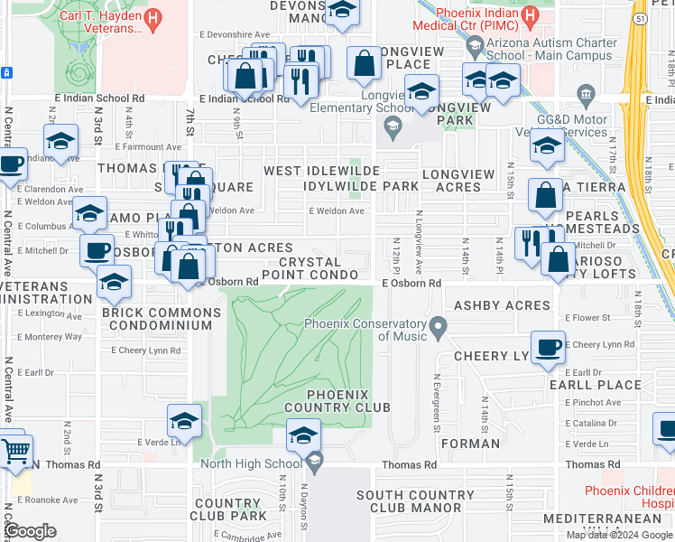 map of restaurants, bars, coffee shops, grocery stores, and more near 1100 East Osborn Road in Phoenix