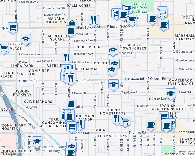 map of restaurants, bars, coffee shops, grocery stores, and more near 2601 East Beekman Place in Phoenix