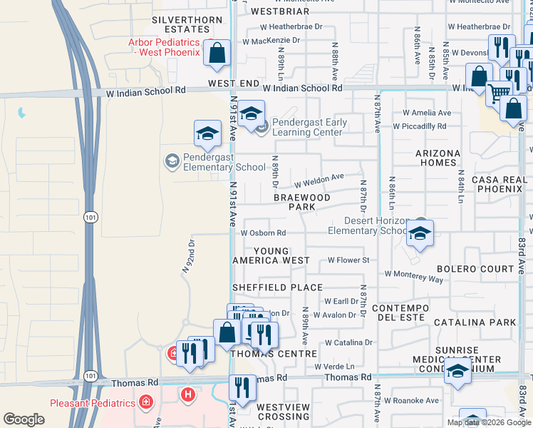 map of restaurants, bars, coffee shops, grocery stores, and more near 8941 West Whitton Avenue in Phoenix