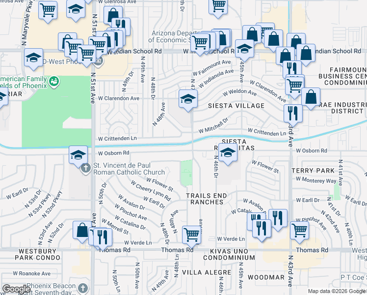 map of restaurants, bars, coffee shops, grocery stores, and more near 4717 West Osborn Road in Phoenix