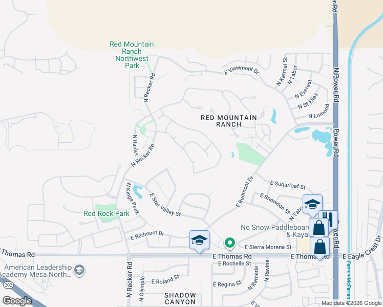 map of restaurants, bars, coffee shops, grocery stores, and more near 4055 North Recker Road in Mesa