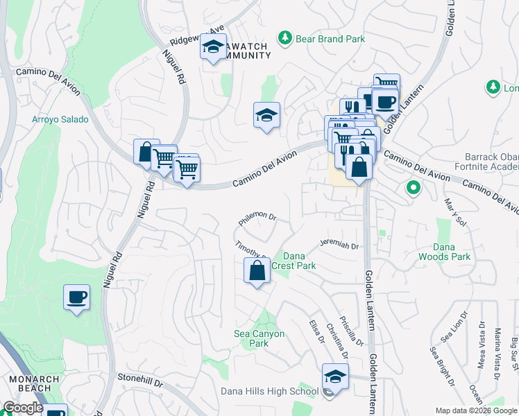 map of restaurants, bars, coffee shops, grocery stores, and more near 24361 Philemon Drive in Dana Point