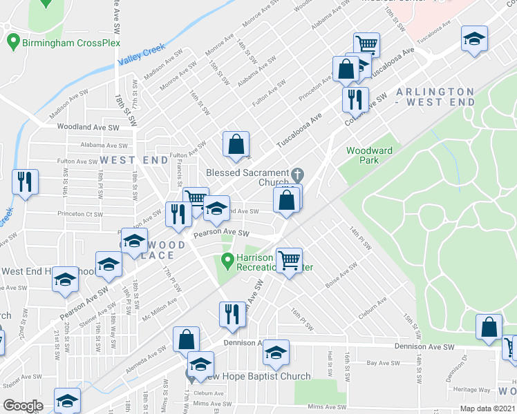 map of restaurants, bars, coffee shops, grocery stores, and more near 1540 Cleveland Avenue Southwest in Birmingham