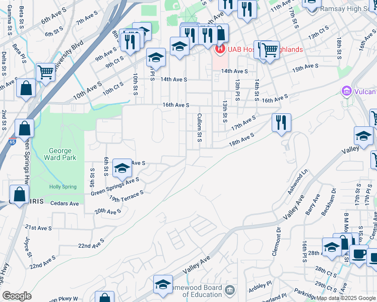 map of restaurants, bars, coffee shops, grocery stores, and more near 1116 Green Springs Avenue South in Birmingham