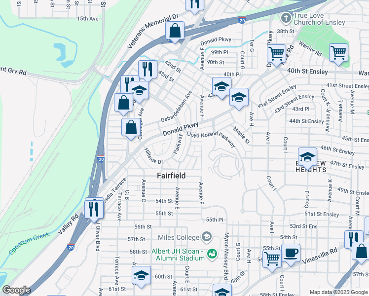 map of restaurants, bars, coffee shops, grocery stores, and more near Parkway Alley North in Fairfield