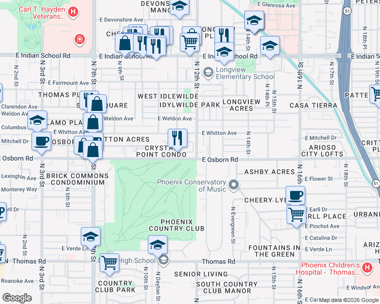map of restaurants, bars, coffee shops, grocery stores, and more near 1100 East Osborn Road in Phoenix