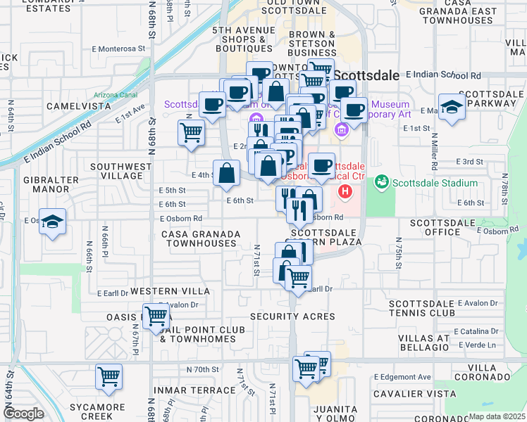 map of restaurants, bars, coffee shops, grocery stores, and more near 7126 East Osborn Road in Scottsdale