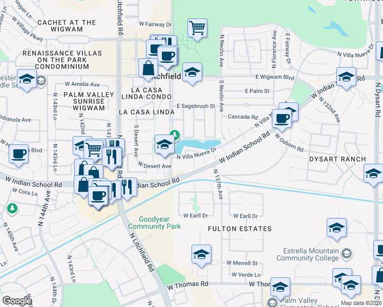 map of restaurants, bars, coffee shops, grocery stores, and more near 219 Laguna Royale Drive in Litchfield Park