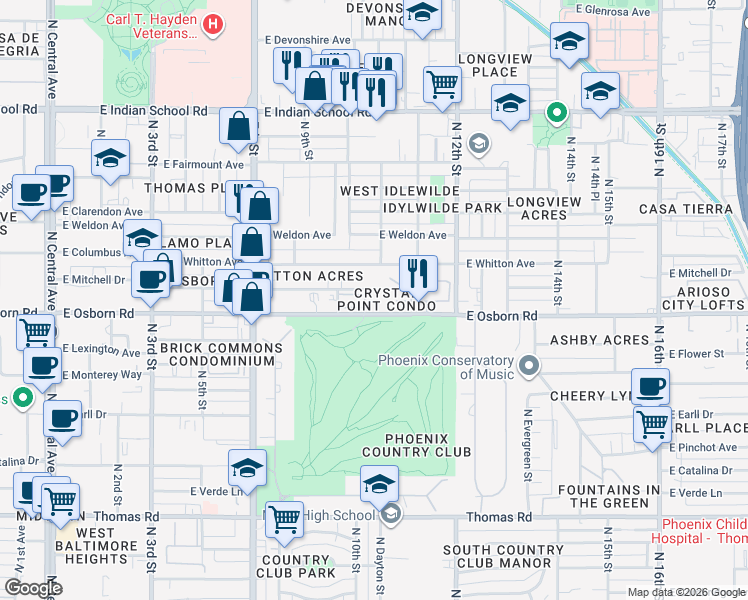 map of restaurants, bars, coffee shops, grocery stores, and more near 937 East Osborn Road in Phoenix