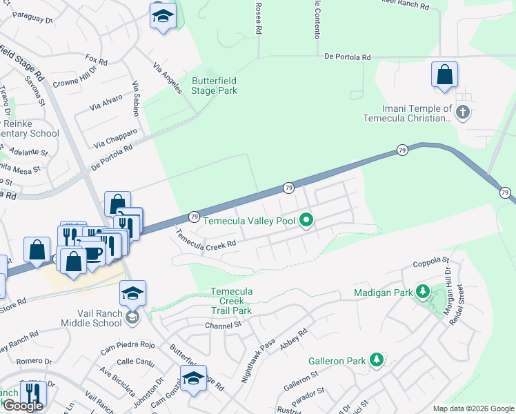 map of restaurants, bars, coffee shops, grocery stores, and more near 43901 Running Brook Circle in Temecula