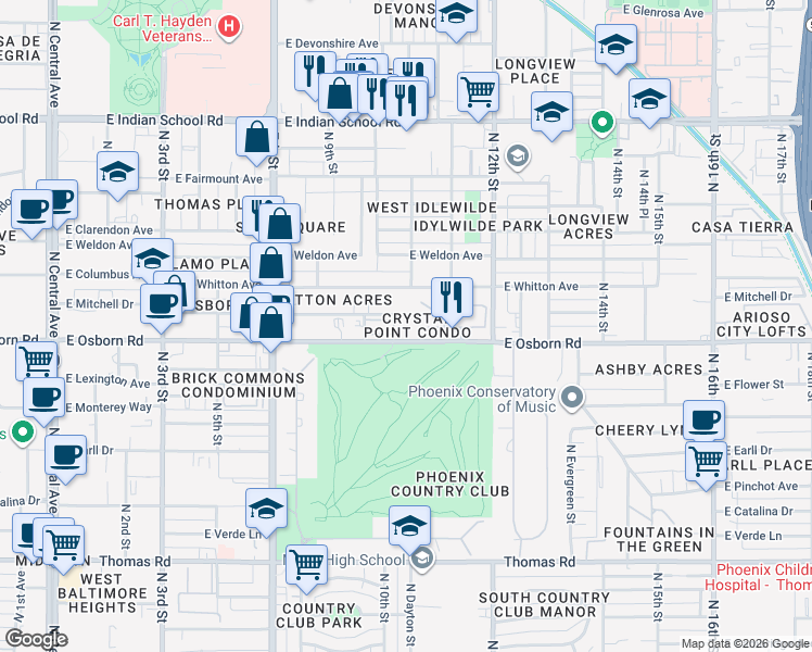map of restaurants, bars, coffee shops, grocery stores, and more near 937 East Osborn Road in Phoenix