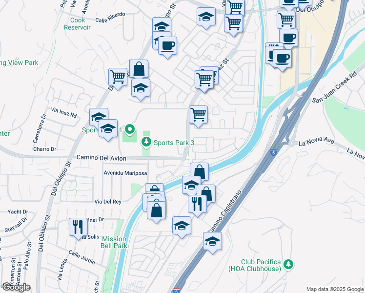 map of restaurants, bars, coffee shops, grocery stores, and more near 32701 Alipaz Street in San Juan Capistrano