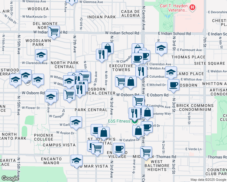 map of restaurants, bars, coffee shops, grocery stores, and more near 240 West Osborn Road in Phoenix