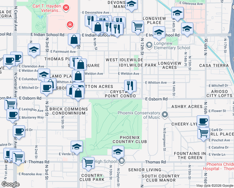 map of restaurants, bars, coffee shops, grocery stores, and more near 937 East Osborn Road in Phoenix