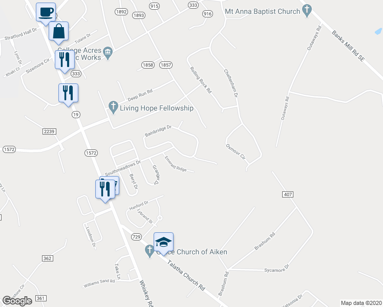map of restaurants, bars, coffee shops, grocery stores, and more near 165 Bainbridge Drive in Aiken