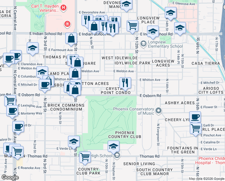 map of restaurants, bars, coffee shops, grocery stores, and more near 937 East Osborn Road in Phoenix