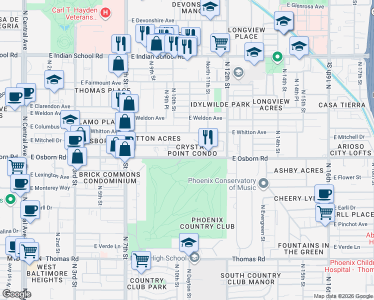map of restaurants, bars, coffee shops, grocery stores, and more near 937 East Osborn Road in Phoenix