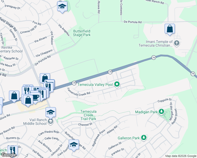 map of restaurants, bars, coffee shops, grocery stores, and more near 43901 Running Brook Circle in Temecula