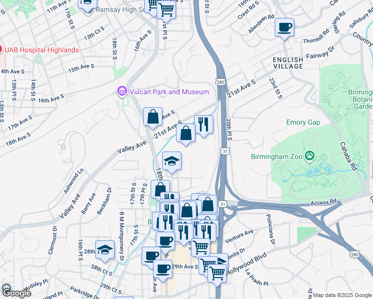map of restaurants, bars, coffee shops, grocery stores, and more near 2100 Southbridge Parkway in Birmingham