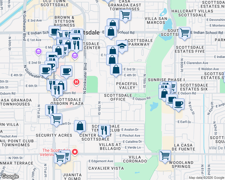map of restaurants, bars, coffee shops, grocery stores, and more near 7555 East Osborn Road in Scottsdale