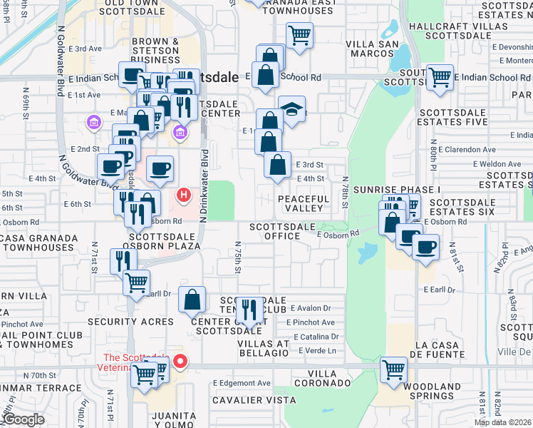 map of restaurants, bars, coffee shops, grocery stores, and more near 7555 East Osborn Road in Scottsdale