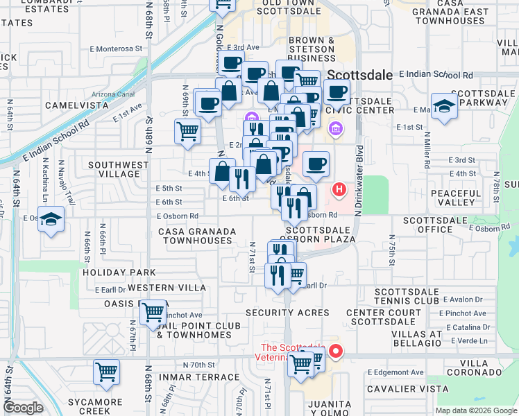 map of restaurants, bars, coffee shops, grocery stores, and more near in Scottsdale