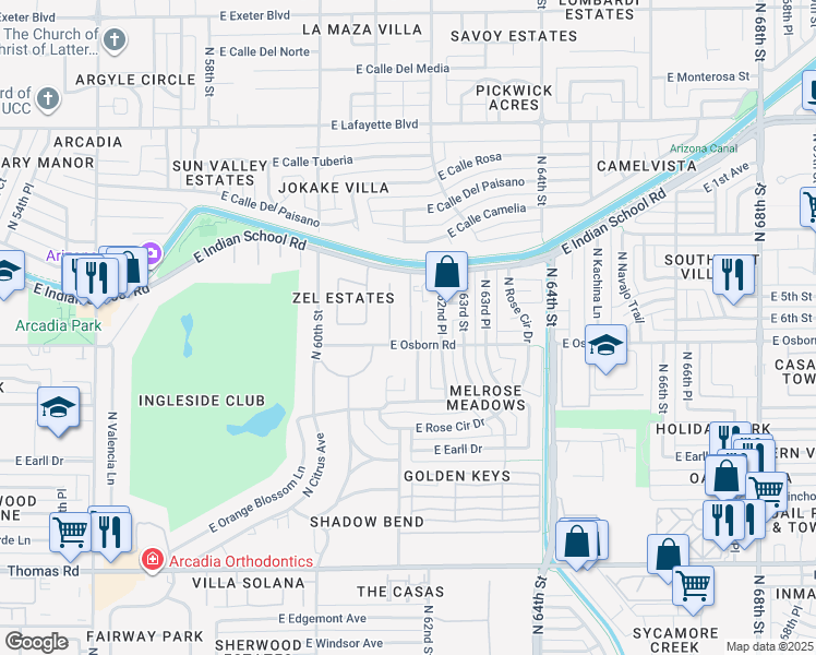 map of restaurants, bars, coffee shops, grocery stores, and more near 6140 East Osborn Road in Scottsdale