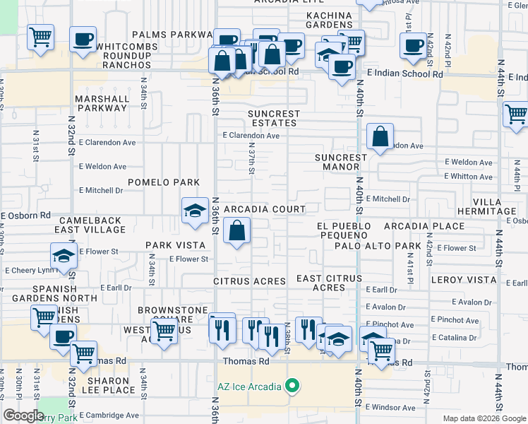 map of restaurants, bars, coffee shops, grocery stores, and more near 3233 North 37th Street in Phoenix