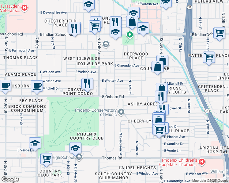 map of restaurants, bars, coffee shops, grocery stores, and more near 3402 North Longview Avenue in Phoenix