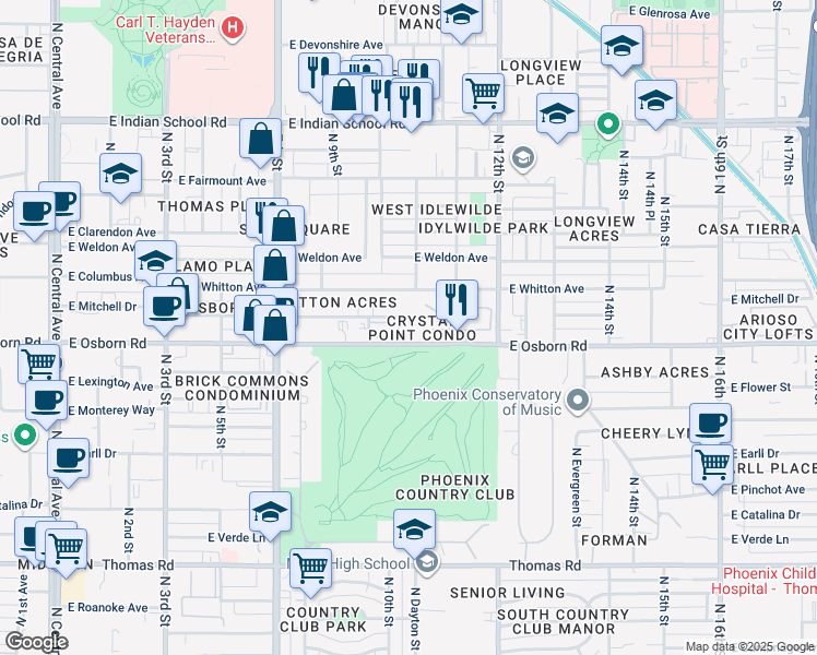 map of restaurants, bars, coffee shops, grocery stores, and more near 937 East Osborn Road in Phoenix