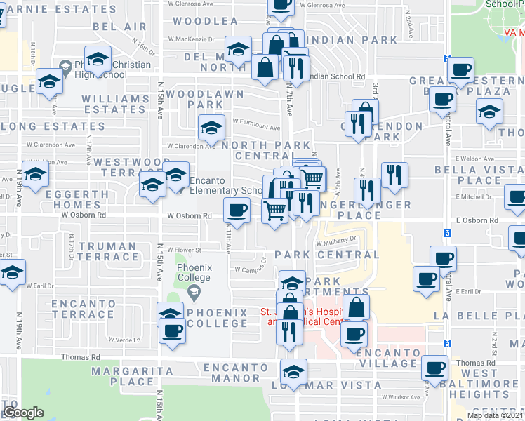 map of restaurants, bars, coffee shops, grocery stores, and more near 3350 North 7th Avenue in Phoenix