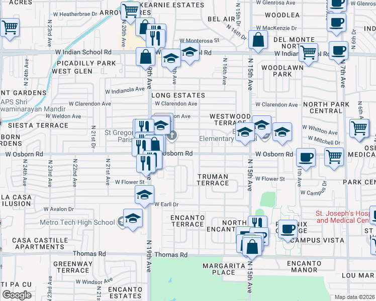 map of restaurants, bars, coffee shops, grocery stores, and more near 1717 West Osborn Road in Phoenix