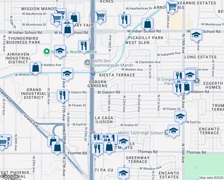 map of restaurants, bars, coffee shops, grocery stores, and more near 2333 West Osborn Road in Phoenix