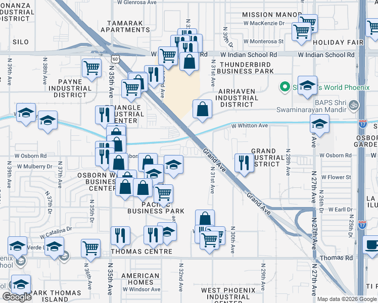 map of restaurants, bars, coffee shops, grocery stores, and more near 3171 West Osborn Road in Phoenix